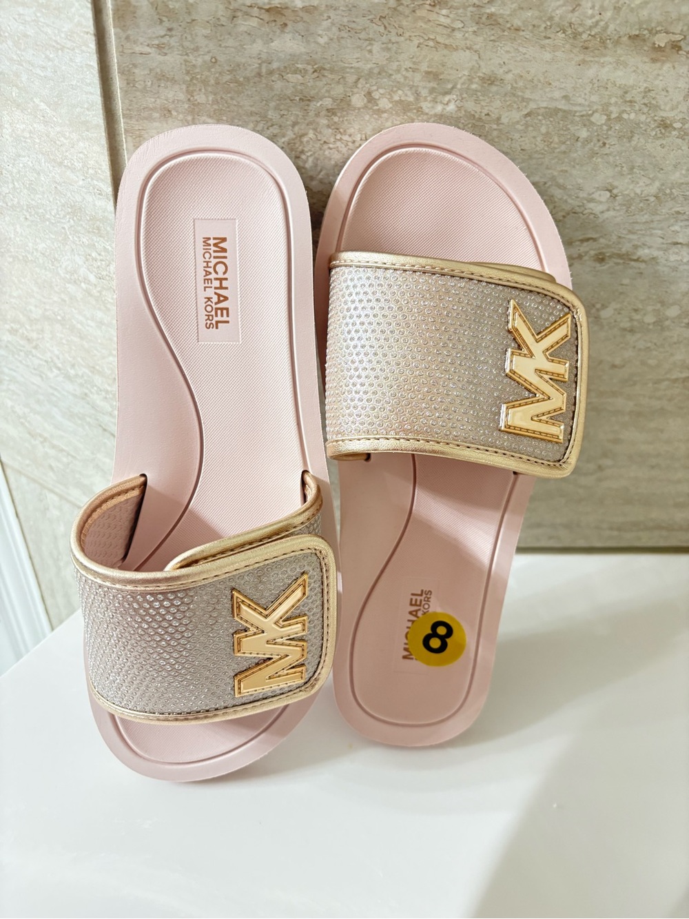 MICHAEL Michael Kors Pink and Gold Logo Slide Sandals